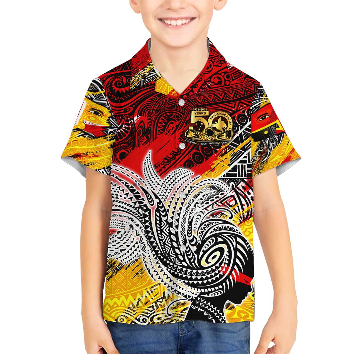 Papua New Guinea 50th Independence Day Family Matching Off The Shoulder Long Sleeve Dress and Hawaiian Shirt Celebrate Our History, Inspire Our Future