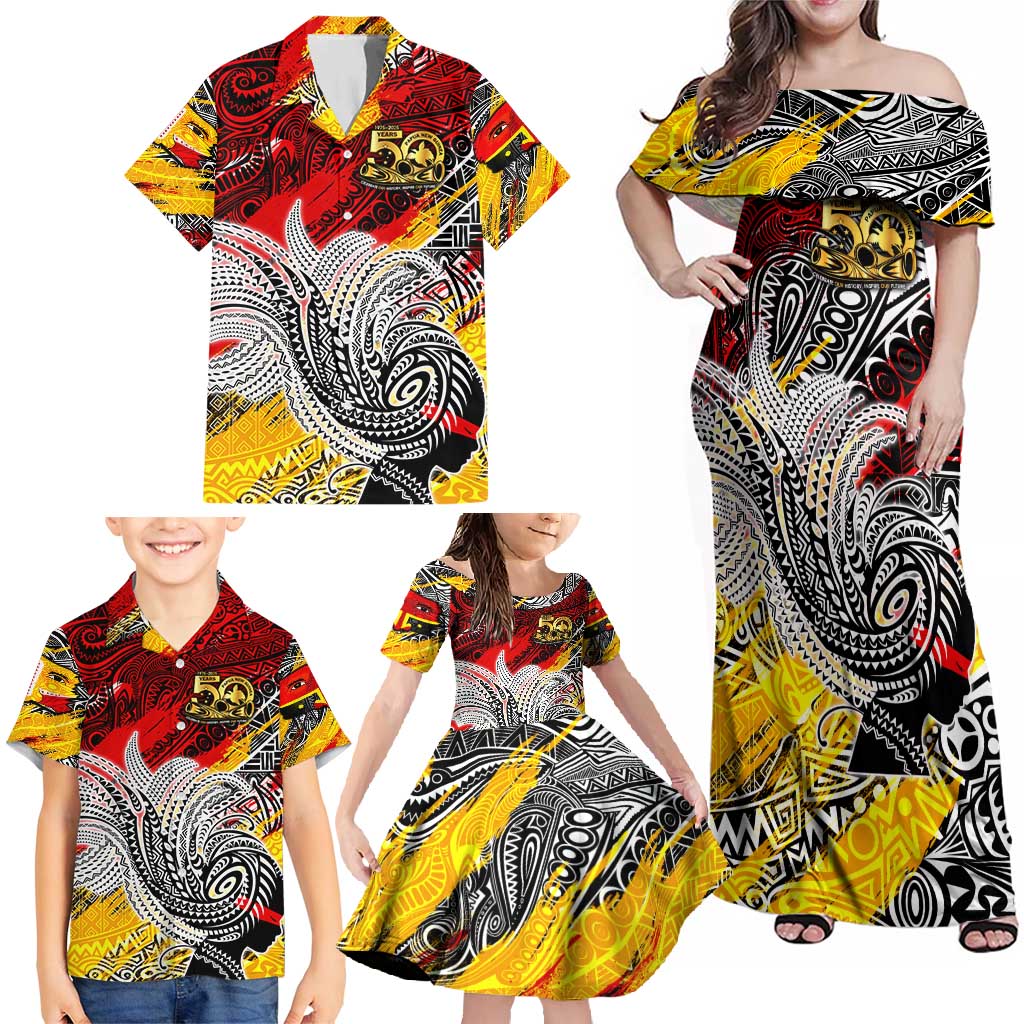 Papua New Guinea 50th Independence Day Family Matching Off Shoulder Maxi Dress and Hawaiian Shirt Celebrate Our History, Inspire Our Future