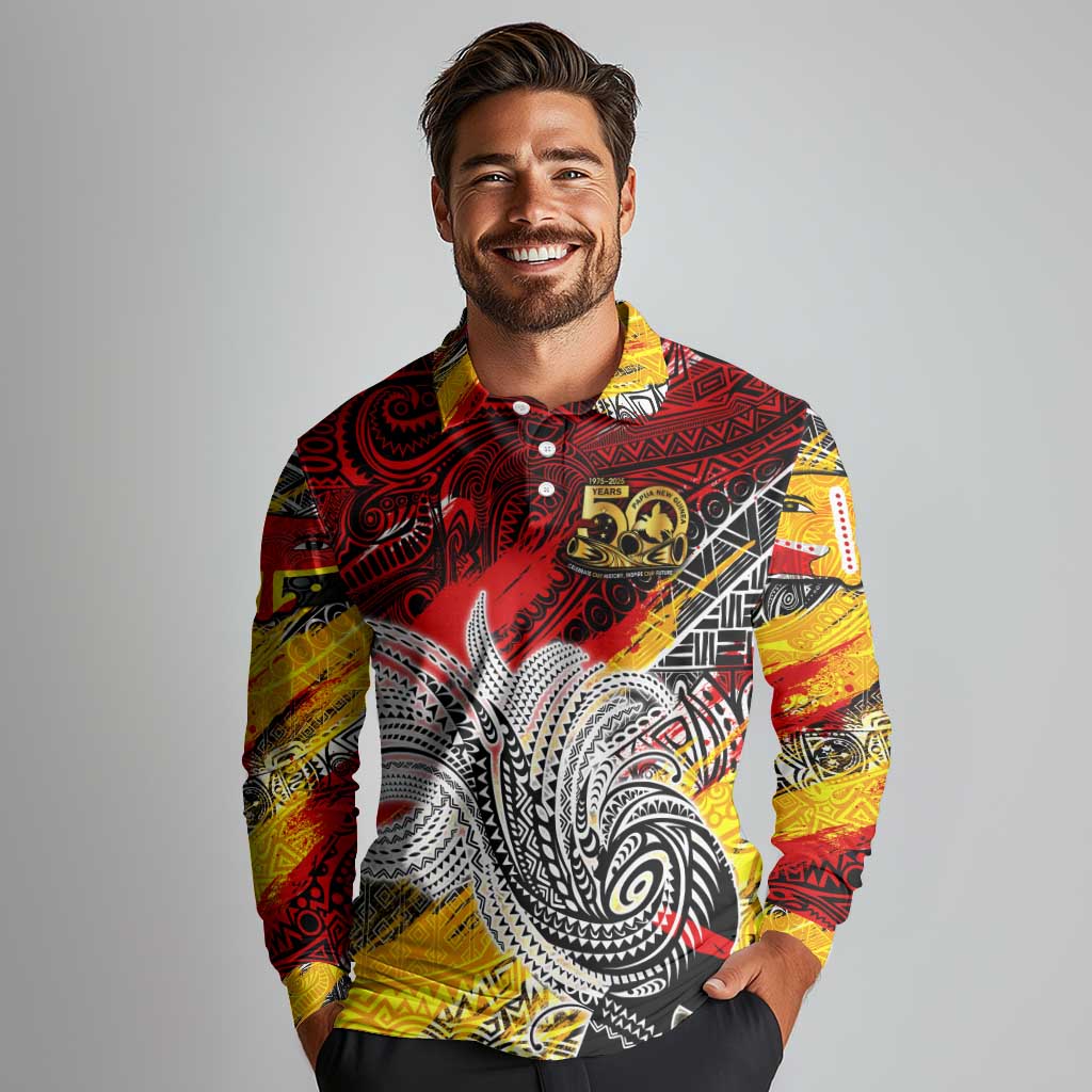 Papua New Guinea 50th Independence Day Long Sleeve Polo Shirt Celebrate Our History, Inspire Our Future DT02 - Polynesian Pride