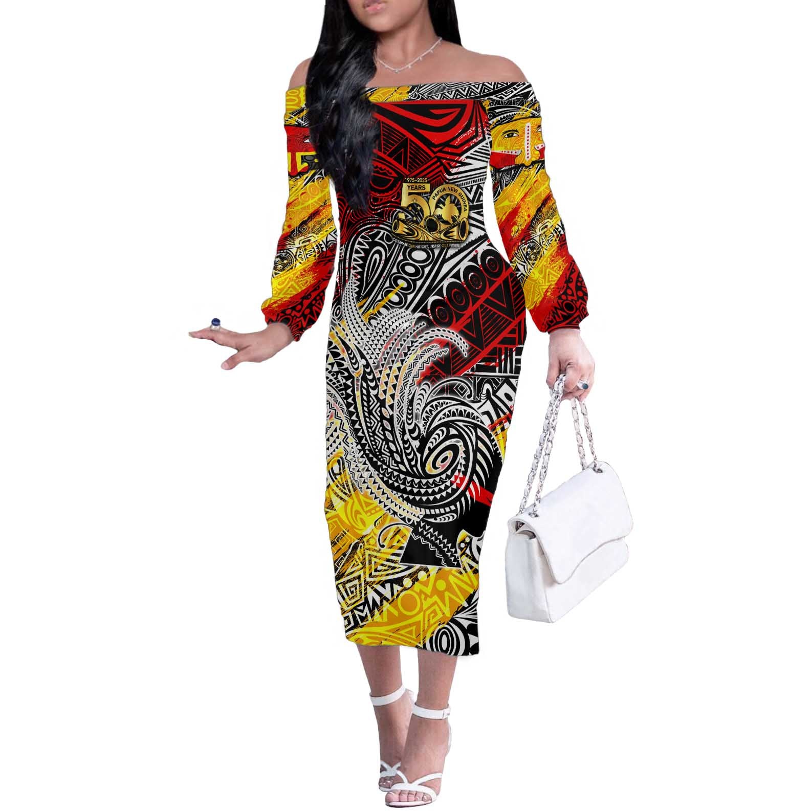 Papua New Guinea 50th Independence Day Off The Shoulder Long Sleeve Dress Celebrate Our History, Inspire Our Future
