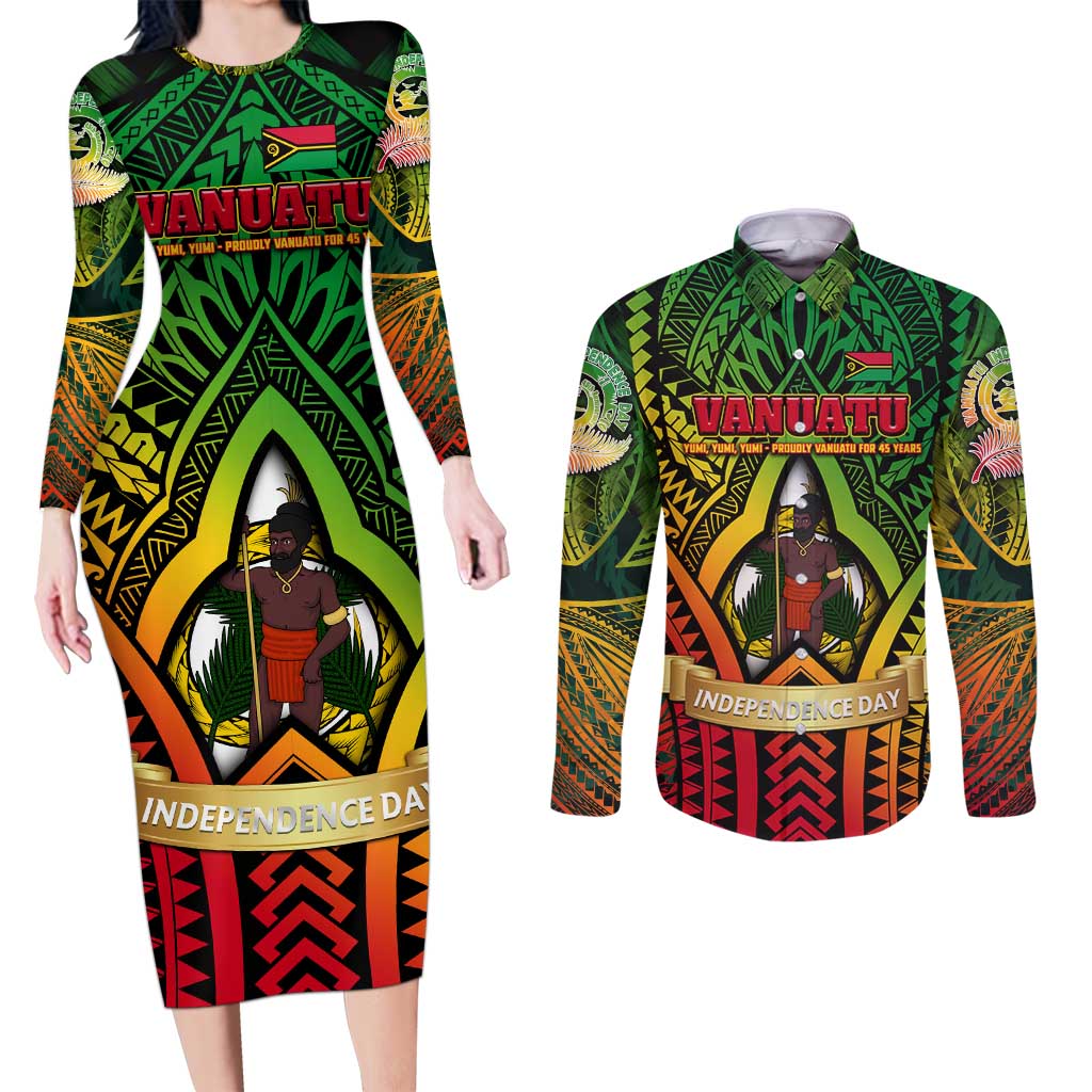 Vanuatu 45th Independence Anniversary Couples Matching Long Sleeve Bodycon Dress and Long Sleeve Button Shirt Embracing Our Traditions Shaping Our Future