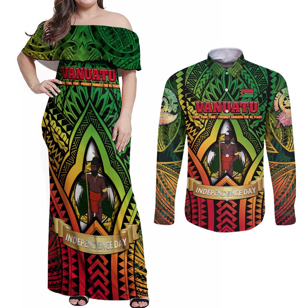 Vanuatu 45th Independence Anniversary Couples Matching Off Shoulder Maxi Dress and Long Sleeve Button Shirt Embracing Our Traditions Shaping Our Future