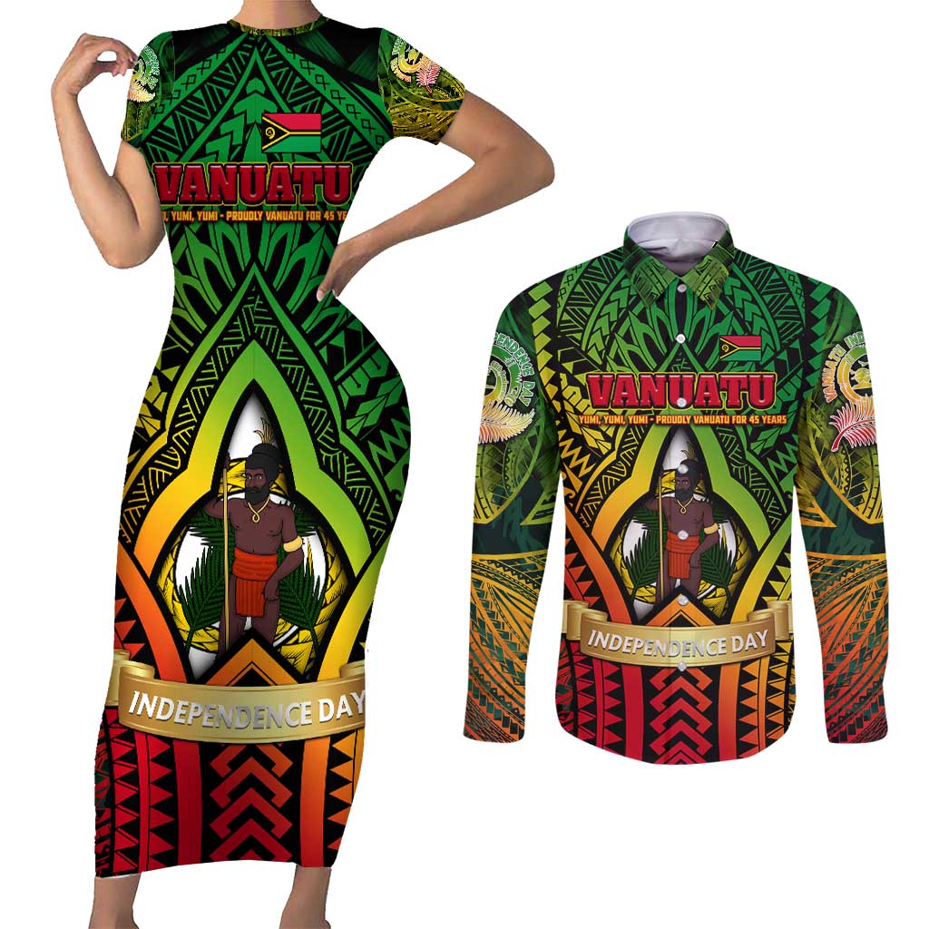 Vanuatu 45th Independence Anniversary Couples Matching Short Sleeve Bodycon Dress and Long Sleeve Button Shirt Embracing Our Traditions Shaping Our Future