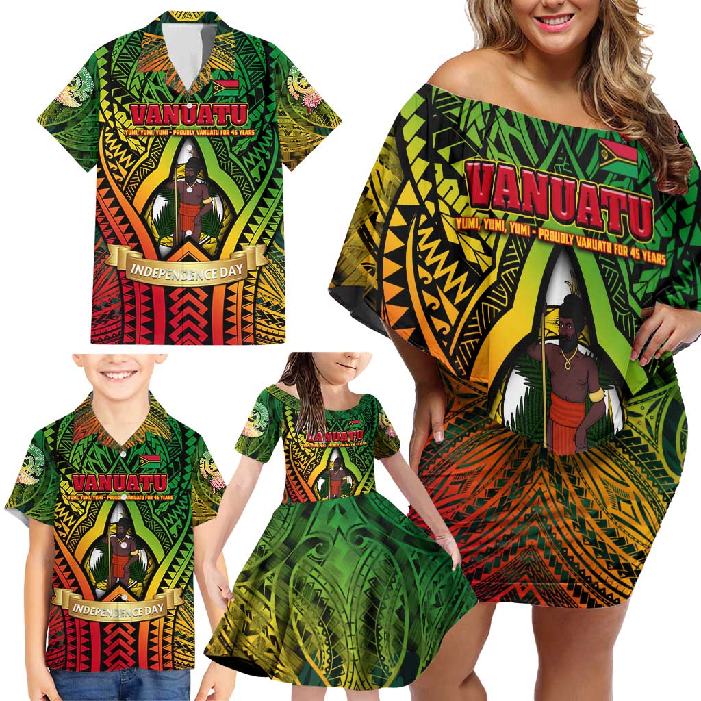 Vanuatu 45th Independence Anniversary Family Matching Off Shoulder Short Dress and Hawaiian Shirt Embracing Our Traditions Shaping Our Future