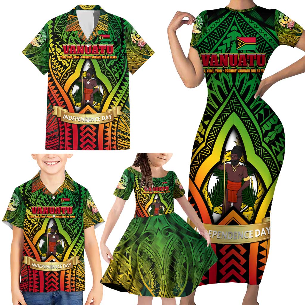 Vanuatu 45th Independence Anniversary Family Matching Short Sleeve Bodycon Dress and Hawaiian Shirt Embracing Our Traditions Shaping Our Future