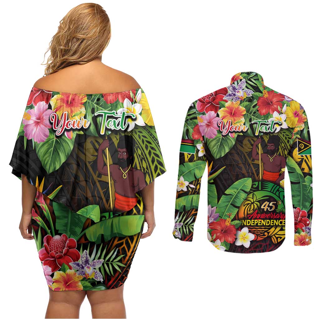 45th Anniversary of Freedom Vanuatu Couples Matching Off Shoulder Short Dress and Long Sleeve Button Shirt Island Pride Cultural Power Pacific Unity