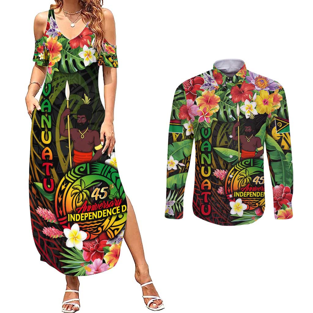 45th Anniversary of Freedom Vanuatu Couples Matching Summer Maxi Dress and Long Sleeve Button Shirt Island Pride Cultural Power Pacific Unity