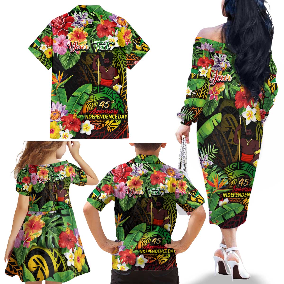 45th Anniversary of Freedom Vanuatu Family Matching Off The Shoulder Long Sleeve Dress and Hawaiian Shirt Island Pride Cultural Power Pacific Unity