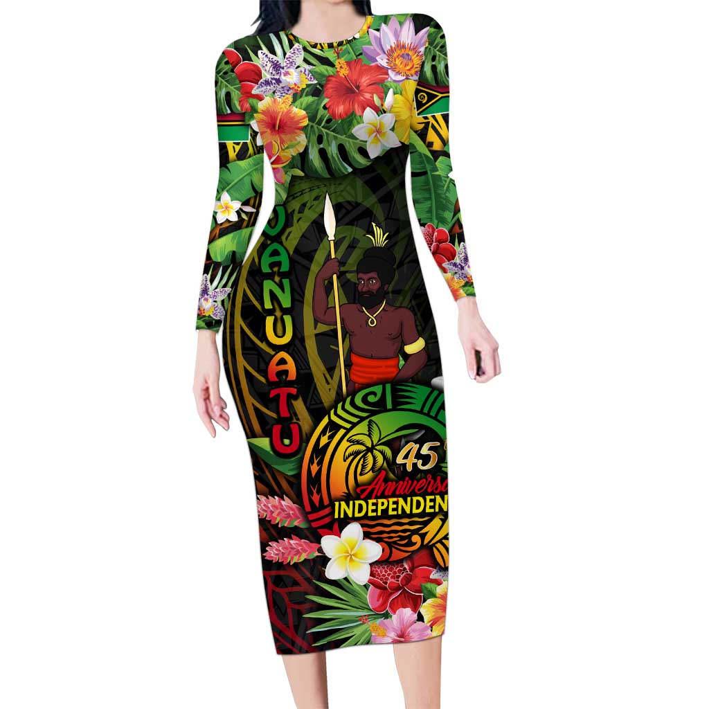 45th Anniversary of Freedom Vanuatu Long Sleeve Bodycon Dress Island Pride Cultural Power Pacific Unity