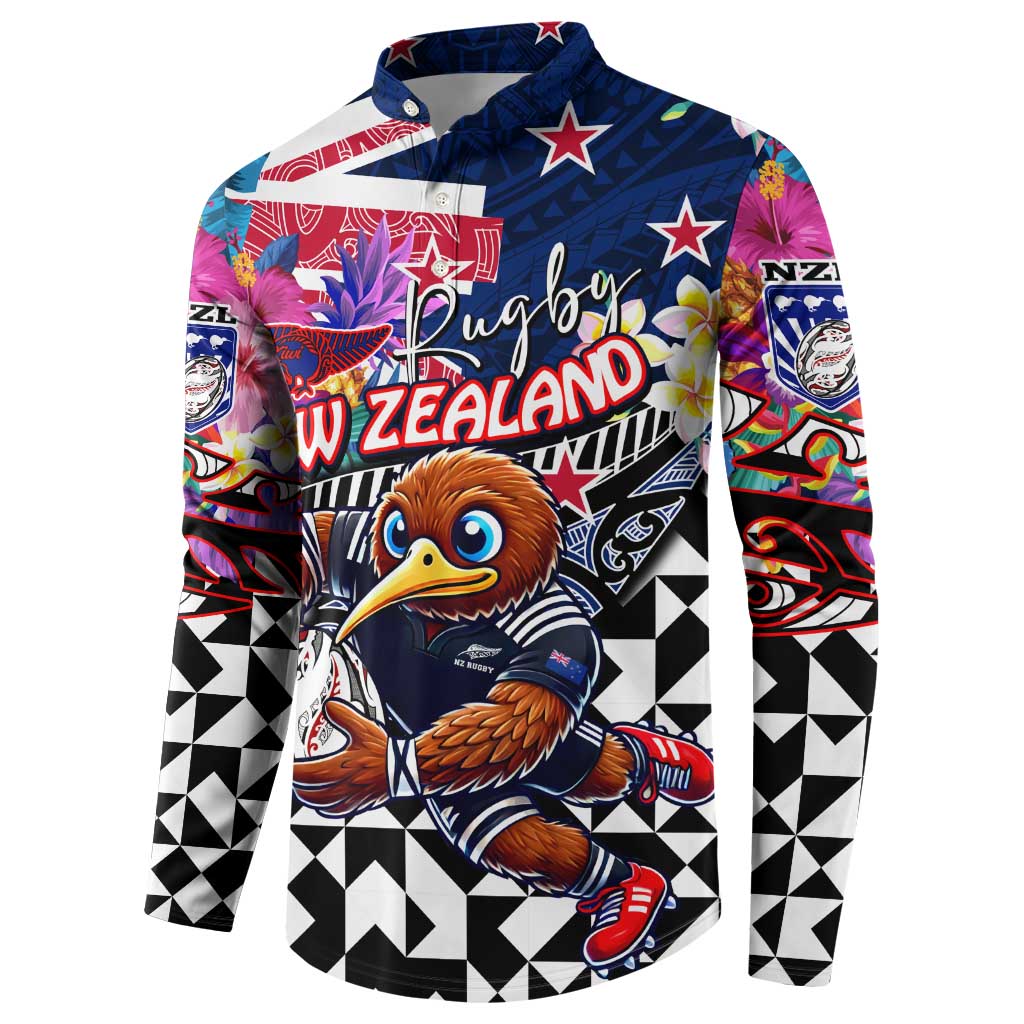 Personalized Kiwi New Zealand Rugby Button Sweatshirt Kiwis Mascot Tropical Pattern DT02 - Polynesian Pride