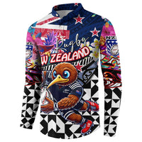 Personalized Kiwi New Zealand Rugby Button Sweatshirt Kiwis Mascot Tropical Pattern DT02 - Polynesian Pride