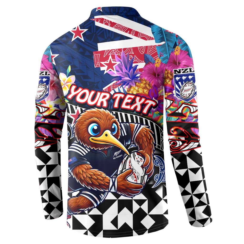 Personalized Kiwi New Zealand Rugby Button Sweatshirt Kiwis Mascot Tropical Pattern DT02 - Polynesian Pride