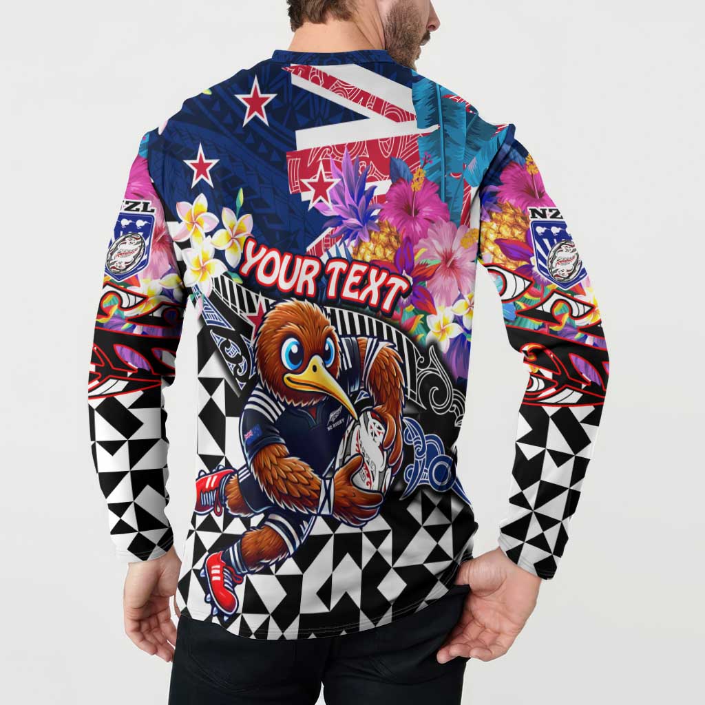Personalized Kiwi New Zealand Rugby Button Sweatshirt Kiwis Mascot Tropical Pattern DT02 - Polynesian Pride