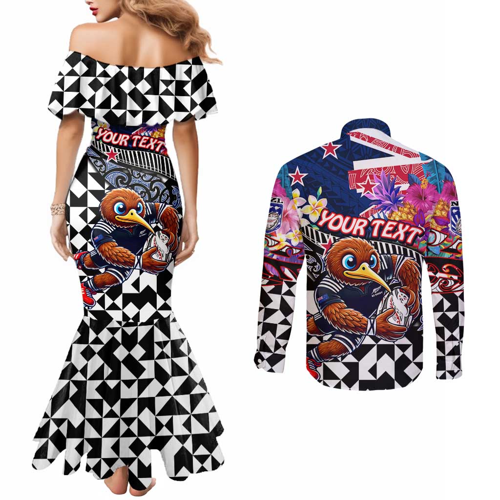 Personalized Kiwi New Zealand Rugby Couples Matching Mermaid Dress and Long Sleeve Button Shirt Kiwis Mascot Tropical Pattern DT02 - Polynesian Pride
