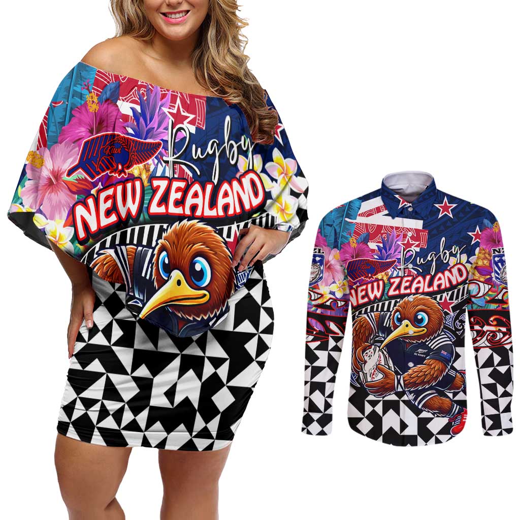 Personalized Kiwi New Zealand Rugby Couples Matching Off Shoulder Short Dress and Long Sleeve Button Shirt Kiwis Mascot Tropical Pattern DT02 Blue - Polynesian Pride