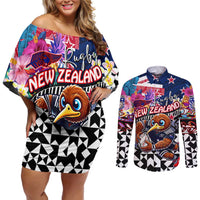 Personalized Kiwi New Zealand Rugby Couples Matching Off Shoulder Short Dress and Long Sleeve Button Shirt Kiwis Mascot Tropical Pattern DT02 Blue - Polynesian Pride