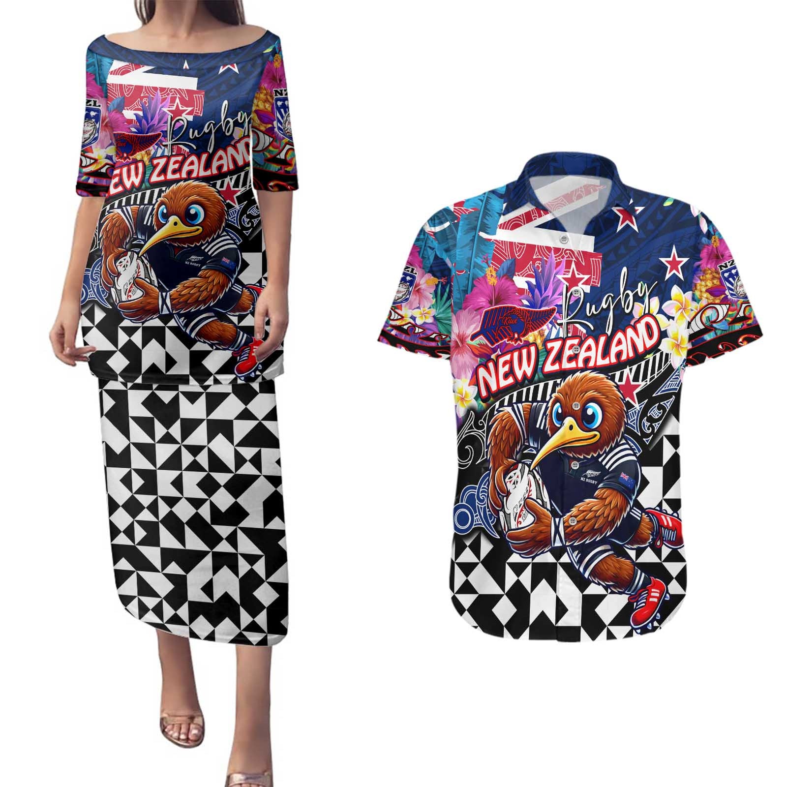 Personalized Kiwi New Zealand Rugby Couples Matching Puletasi and Hawaiian Shirt Kiwis Mascot Tropical Pattern