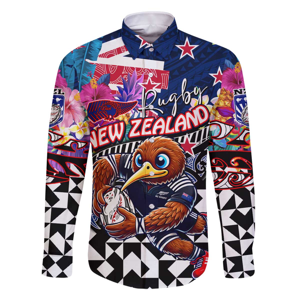 Personalized Kiwi New Zealand Rugby Family Matching Off The Shoulder Long Sleeve Dress and Hawaiian Shirt Kiwis Mascot Tropical Pattern