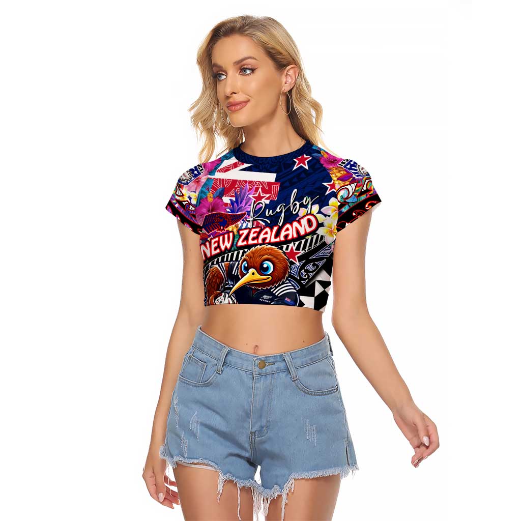 Personalized Kiwi New Zealand Rugby Raglan Cropped T Shirt Kiwis Mascot Tropical Pattern