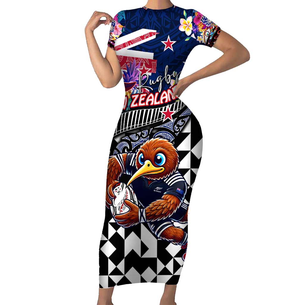 Personalized Kiwi New Zealand Rugby Short Sleeve Bodycon Dress Kiwis Mascot Tropical Pattern