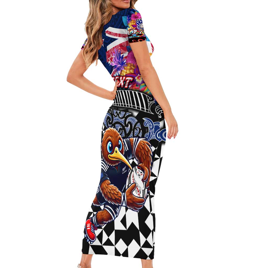 Personalized Kiwi New Zealand Rugby Short Sleeve Bodycon Dress Kiwis Mascot Tropical Pattern