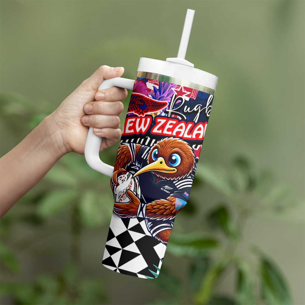 Kiwi New Zealand Rugby Tumbler With Handle Kiwis Mascot Tropical Pattern