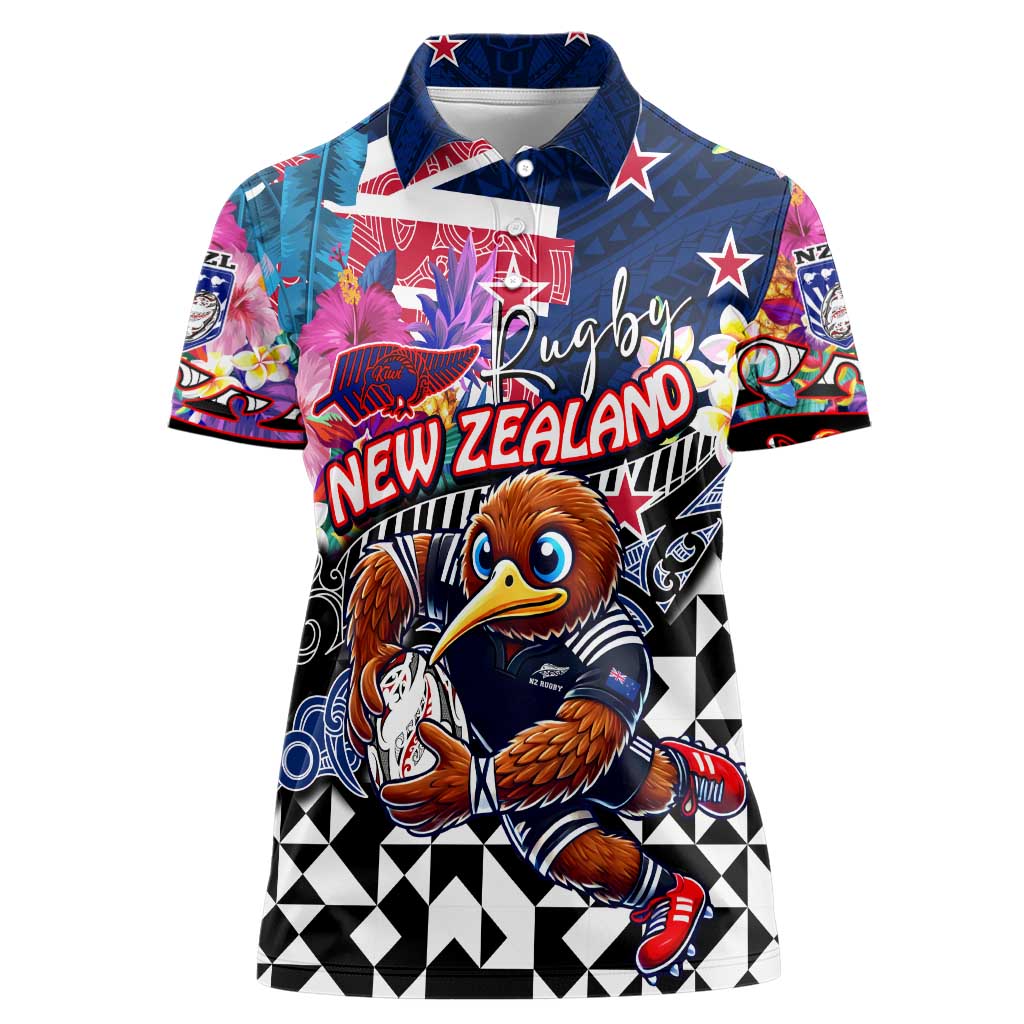 Personalized Kiwi New Zealand Rugby Women Polo Shirt Kiwis Mascot Tropical Pattern