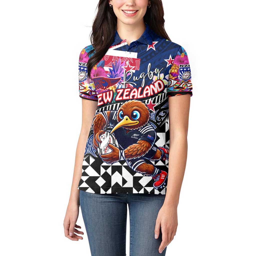 Personalized Kiwi New Zealand Rugby Women Polo Shirt Kiwis Mascot Tropical Pattern