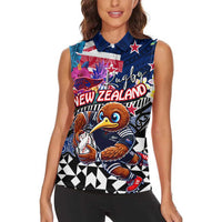 Personalized Kiwi New Zealand Rugby Women Sleeveless Polo Shirt Kiwis Mascot Tropical Pattern DT02 - Polynesian Pride