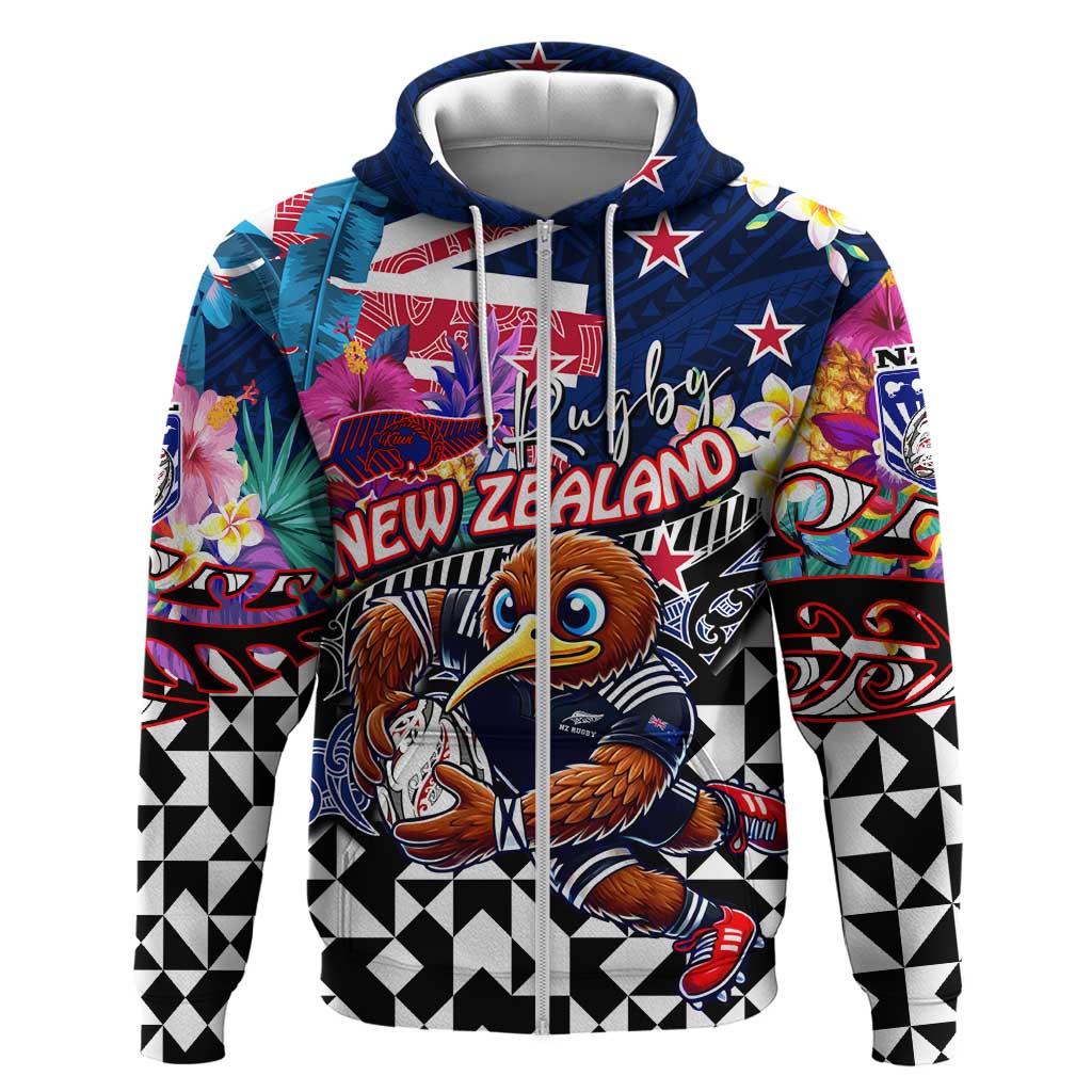 Personalized Kiwi New Zealand Rugby Zip Hoodie Kiwis Mascot Tropical Pattern