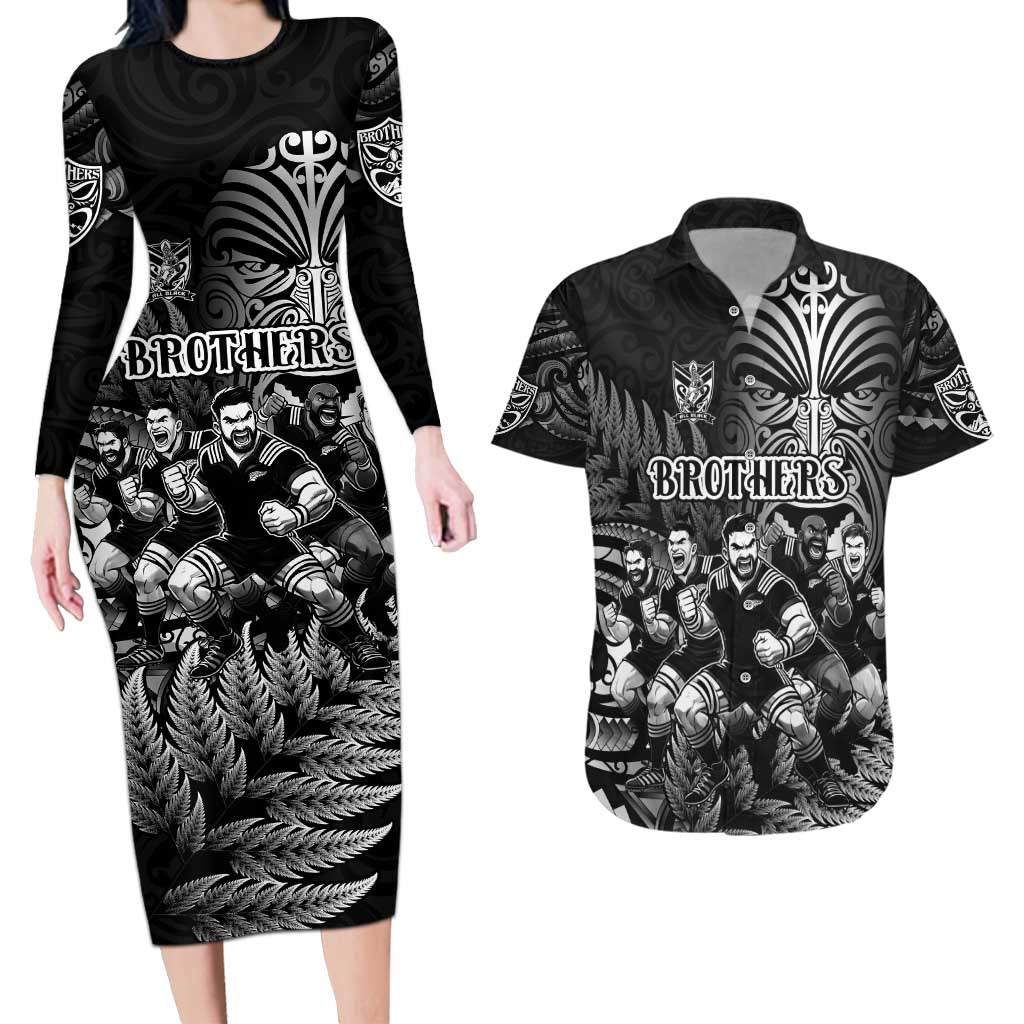 Personalized All Black Brothers Rugby Couples Matching Long Sleeve Bodycon Dress and Hawaiian Shirt New Zealand Maori Haka