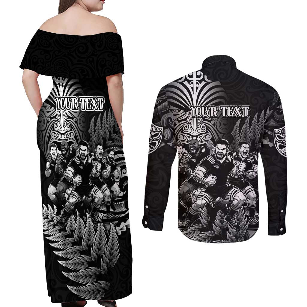 Personalized All Black Brothers Rugby Couples Matching Off Shoulder Maxi Dress and Long Sleeve Button Shirt New Zealand Maori Haka
