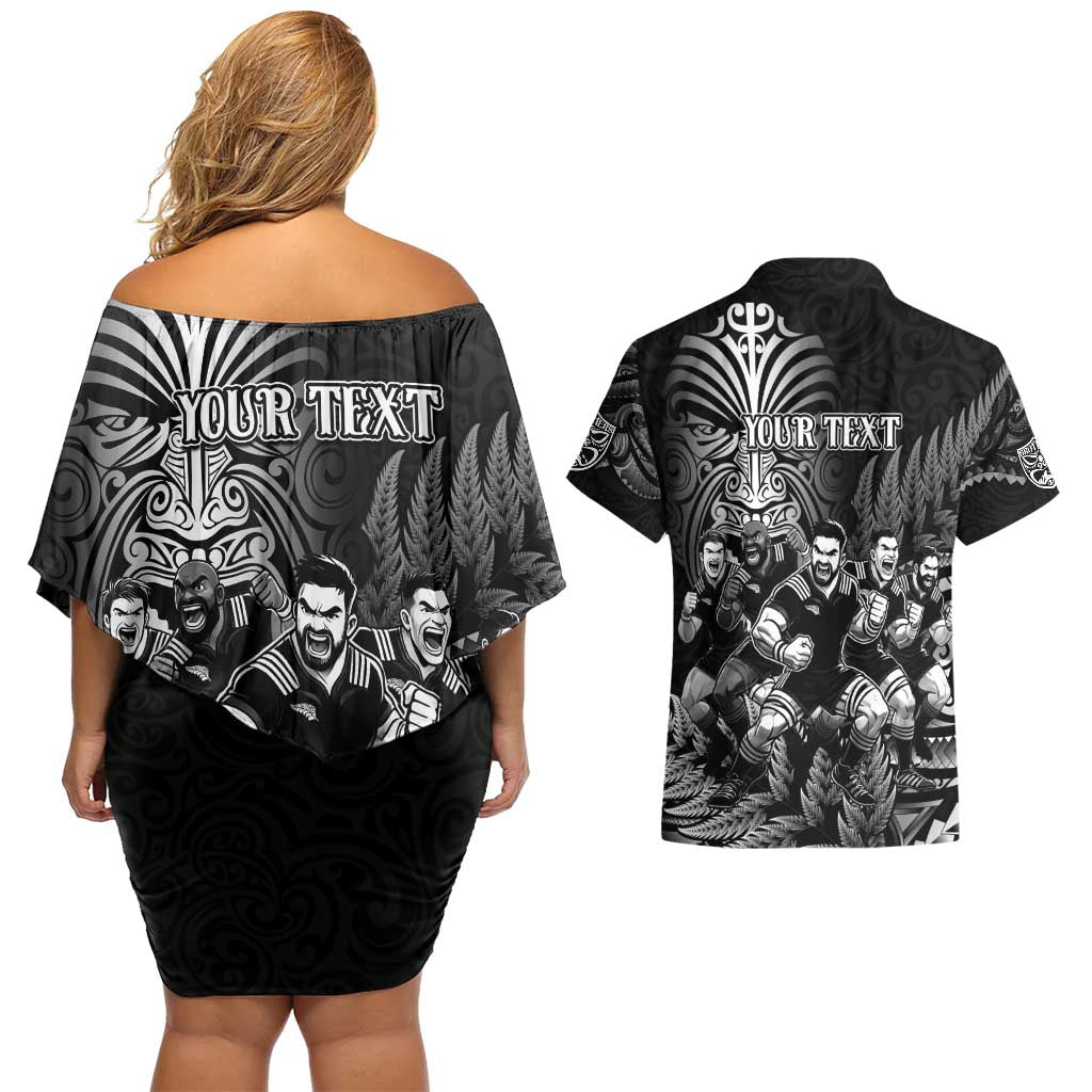 Personalized All Black Brothers Rugby Couples Matching Off Shoulder Short Dress and Hawaiian Shirt New Zealand Maori Haka