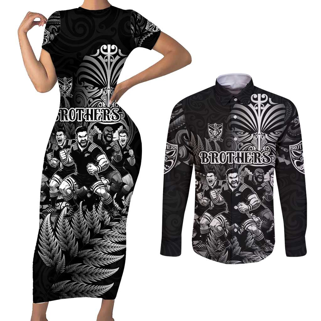 Personalized All Black Brothers Rugby Couples Matching Short Sleeve Bodycon Dress and Long Sleeve Button Shirt New Zealand Maori Haka