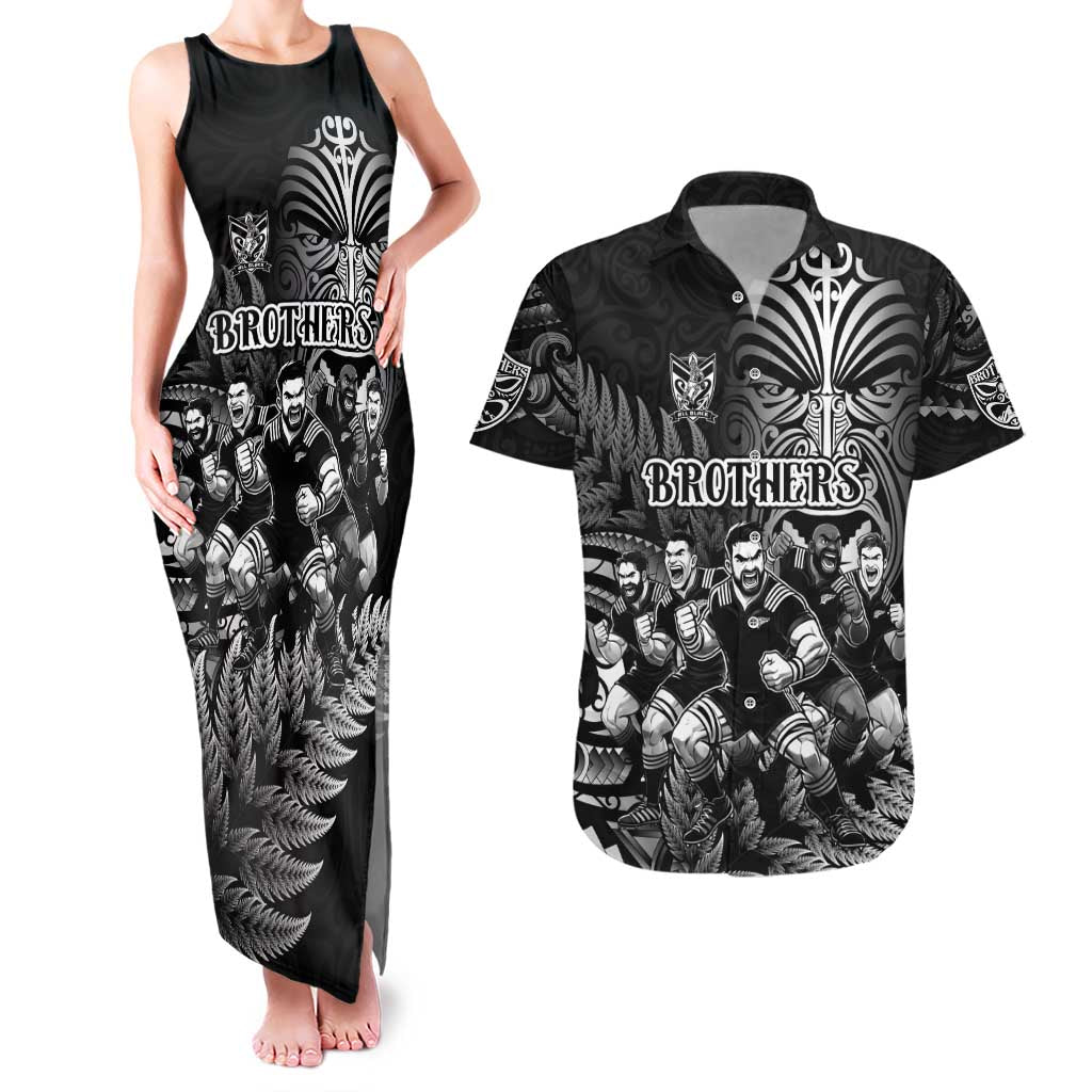 Personalized All Black Brothers Rugby Couples Matching Tank Maxi Dress and Hawaiian Shirt New Zealand Maori Haka
