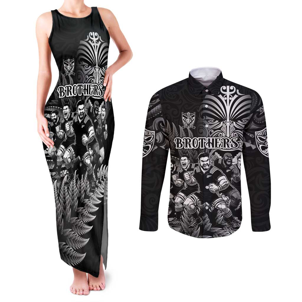 Personalized All Black Brothers Rugby Couples Matching Tank Maxi Dress and Long Sleeve Button Shirt New Zealand Maori Haka