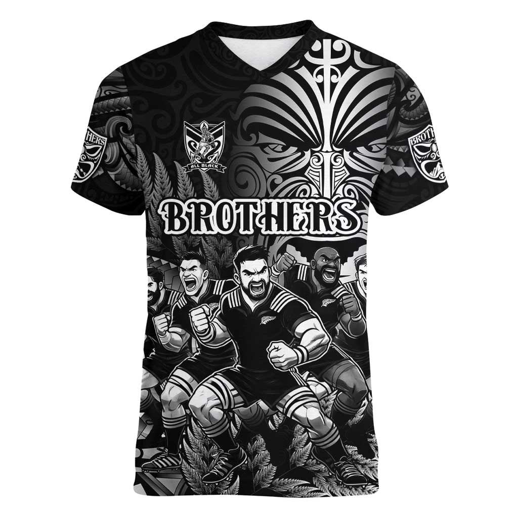 Personalized All Black Brothers Rugby Women V-Neck T-Shirt New Zealand Maori Haka