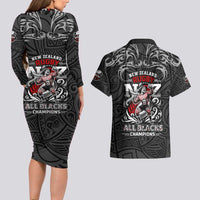 All Black NZL Rugby Champions Couples Matching Long Sleeve Bodycon Dress and Hawaiian Shirt Maori Warrior DT02 - Polynesian Pride