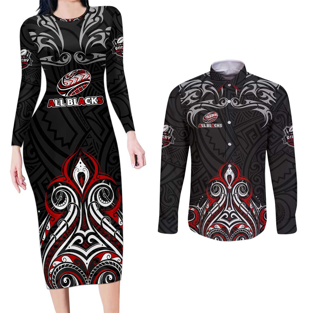 All Black NZL Rugby Champions Couples Matching Long Sleeve Bodycon Dress and Long Sleeve Button Shirt Maori Warrior DT02 Black - Polynesian Pride