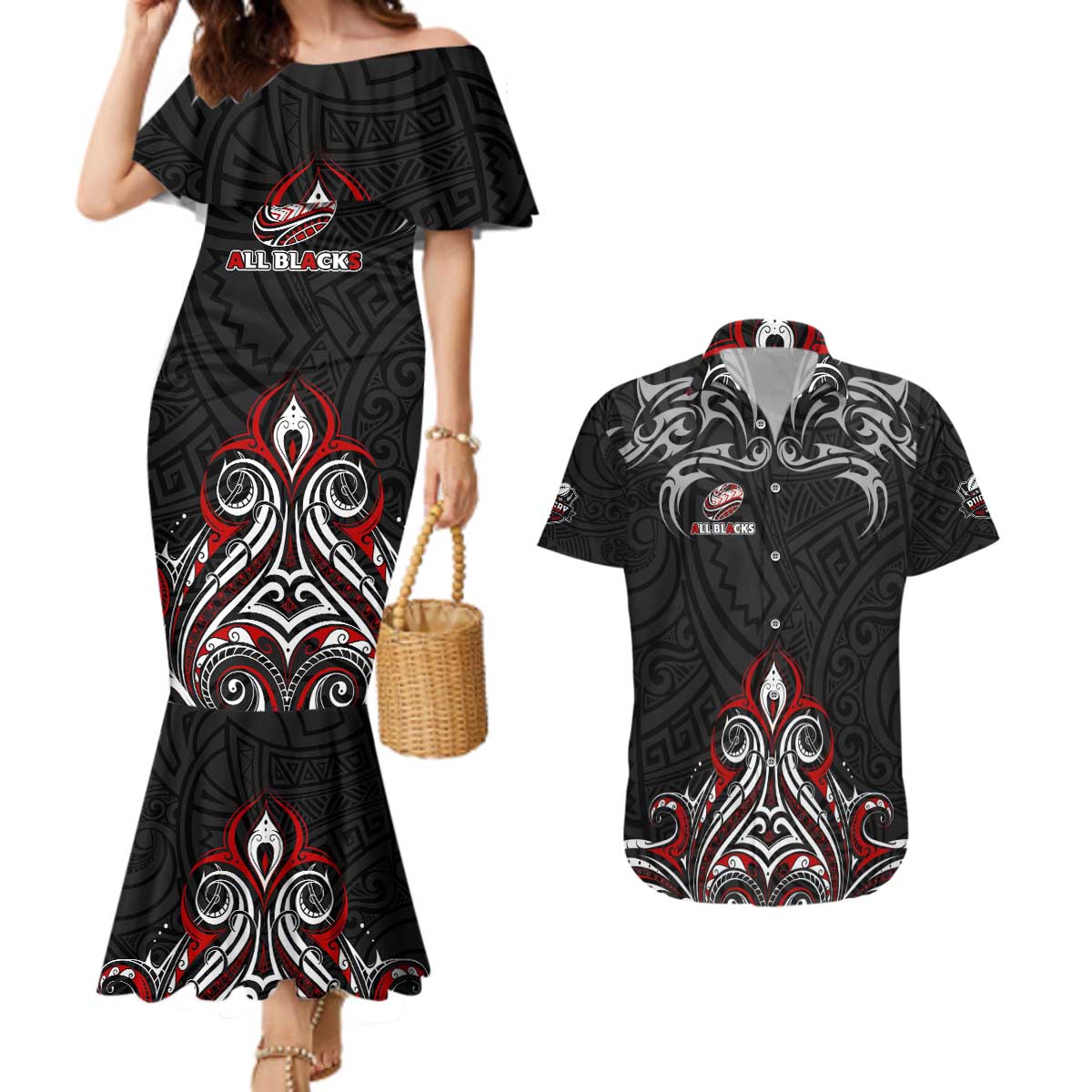 All Black NZL Rugby Champions Couples Matching Mermaid Dress and Hawaiian Shirt Maori Warrior DT02 Black - Polynesian Pride