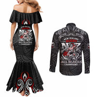 All Black NZL Rugby Champions Couples Matching Mermaid Dress and Long Sleeve Button Shirt Maori Warrior DT02 - Polynesian Pride