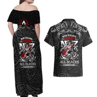 All Black NZL Rugby Champions Couples Matching Off Shoulder Maxi Dress and Hawaiian Shirt Maori Warrior DT02 - Polynesian Pride