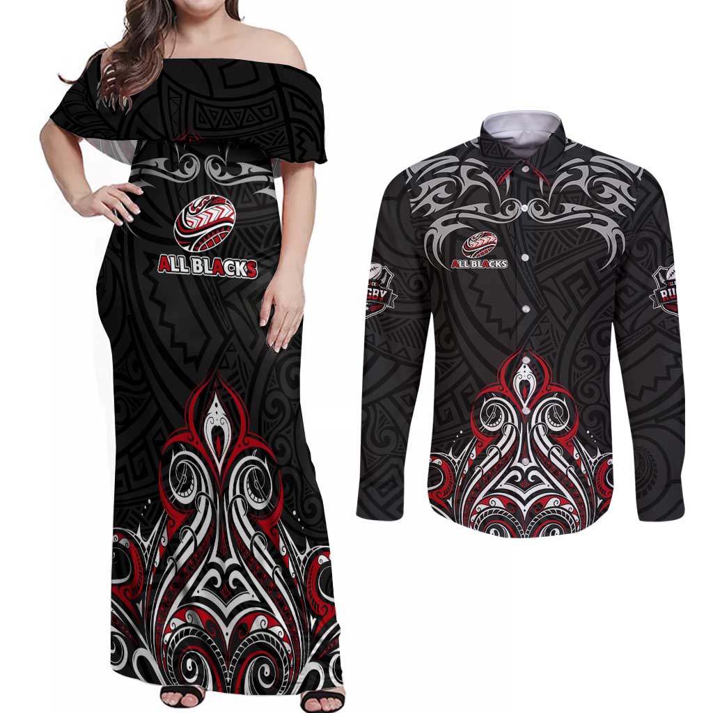 All Black NZL Rugby Champions Couples Matching Off Shoulder Maxi Dress and Long Sleeve Button Shirt Maori Warrior DT02 Black - Polynesian Pride