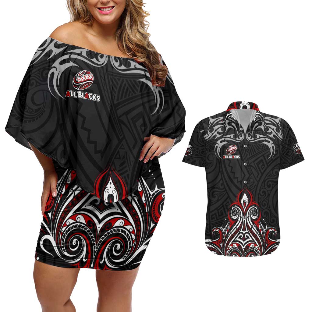 All Black NZL Rugby Champions Couples Matching Off Shoulder Short Dress and Hawaiian Shirt Maori Warrior DT02 Black - Polynesian Pride