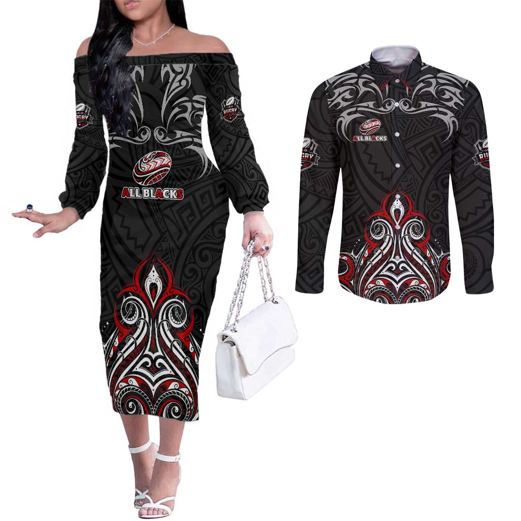 All Black NZL Rugby Champions Couples Matching Off The Shoulder Long Sleeve Dress and Long Sleeve Button Shirt Maori Warrior DT02 Black - Polynesian Pride