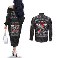 All Black NZL Rugby Champions Couples Matching Off The Shoulder Long Sleeve Dress and Long Sleeve Button Shirt Maori Warrior DT02 - Polynesian Pride