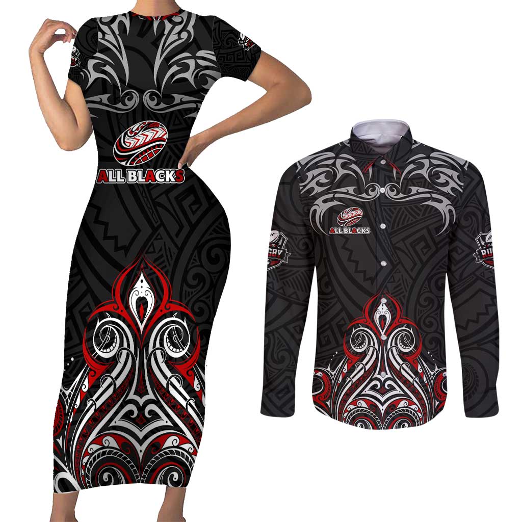 All Black NZL Rugby Champions Couples Matching Short Sleeve Bodycon Dress and Long Sleeve Button Shirt Maori Warrior DT02 Black - Polynesian Pride