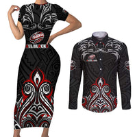 All Black NZL Rugby Champions Couples Matching Short Sleeve Bodycon Dress and Long Sleeve Button Shirt Maori Warrior DT02 Black - Polynesian Pride