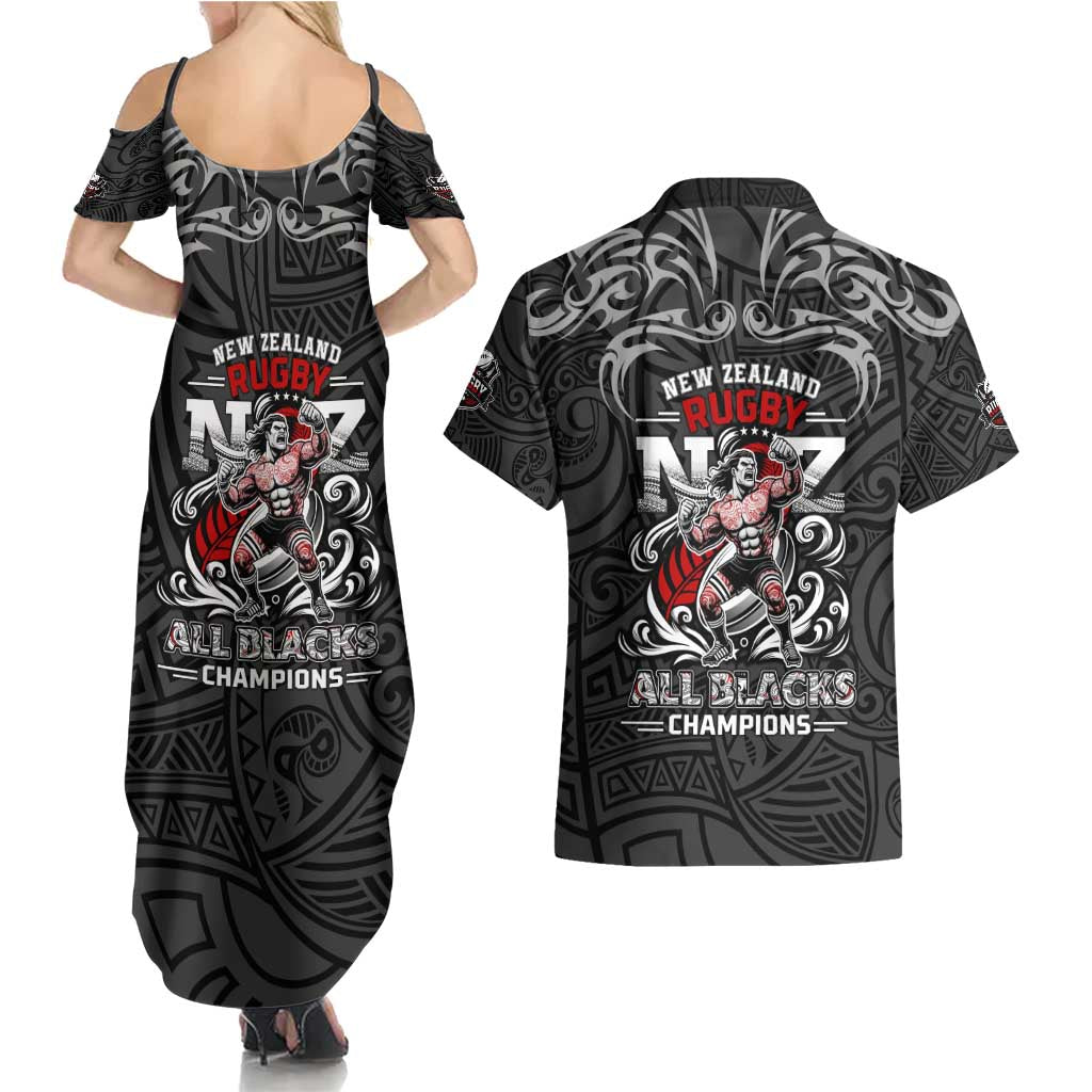 All Black NZL Rugby Champions Couples Matching Summer Maxi Dress and Hawaiian Shirt Maori Warrior DT02 - Polynesian Pride