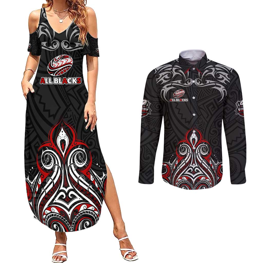 All Black NZL Rugby Champions Couples Matching Summer Maxi Dress and Long Sleeve Button Shirt Maori Warrior DT02 Black - Polynesian Pride